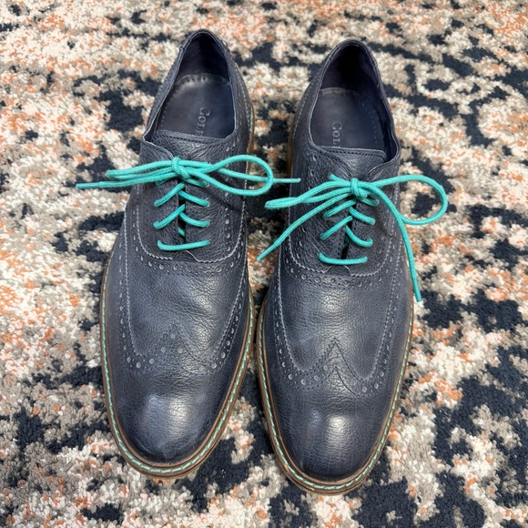 Cole Haan Navy Blue & Turquoise Leather Wingtip Oxford Dress Shoes Men’s Sz 10.5 - Picture 3 of 14